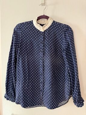 J. Crew Navy Polka Dot Blouse with Cream Ruffle Collar